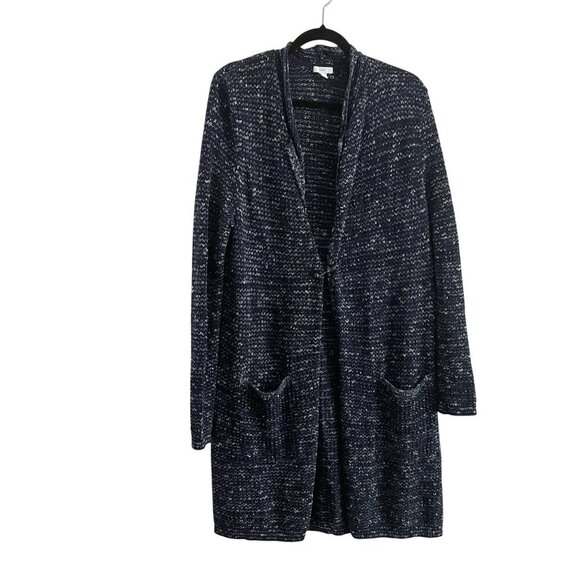 J.Jill Women M Navy Blue Melange Knit Pockets Open Front Long Cardigan Sweater - Picture 1 of 10